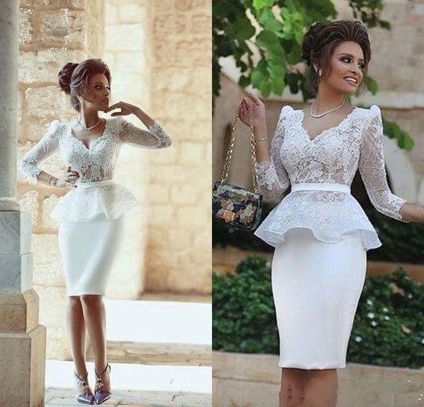 

2017 new white lace short mother of the bride dresses sheath v-neck 3/4 long sleeve knee length formal gowns m120, Black;red