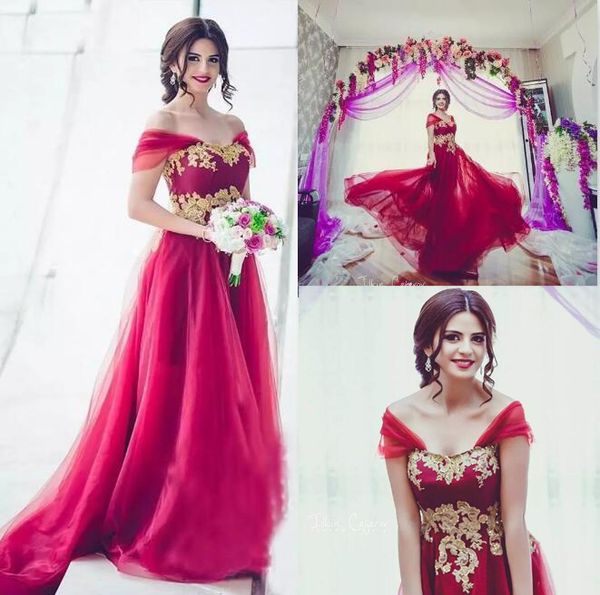 

dubai arabic wedding dresses 2017 red tulle off the shoulder gold lace appliqued long wedding party gowns custom made en71119, White
