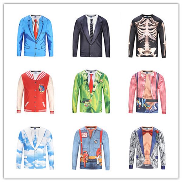 

wholesale 3d long sleeved t-shirts, two pieces of fake suits, digital print t-shirts, elastic fast drying clothes, White;black