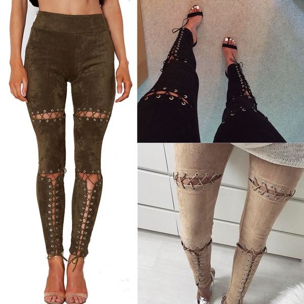 

new women ladies bandage lace-up suede high waist skinny pencil pants stretch leggings 6 colors 3 size, Black;white