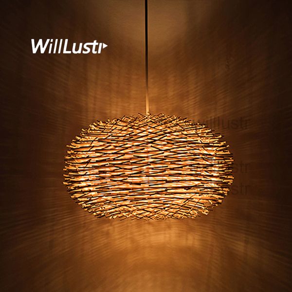 Lampada a sospensione del ciondolo di Willlustro Handmade Bird Nest Bird Suspension Light Hotel Restaurant Mall Bar Lounge Portico Rattan Hanging Chandelier Lighting