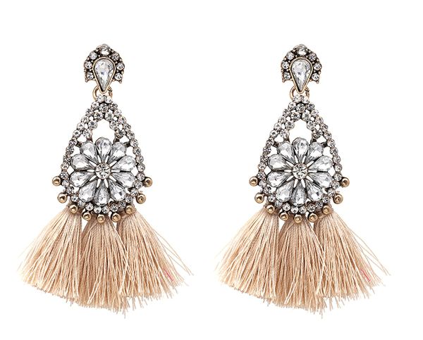 

bohemian handmade rhinestone tassel earrings long drop dangle earrings 7 color silk tassel eardrop ear studs b728l, Silver