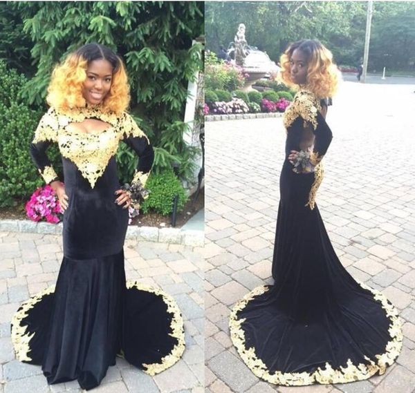

long sleeves black mermaid prom dresses velvet high neck gold appliqued illusion back long evening dresses special occasions gowns