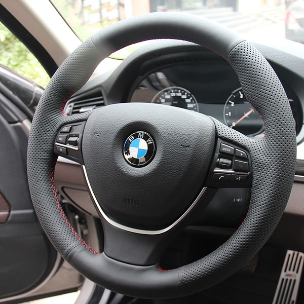 Custodia per coprivolante per BMW 730i 535 525i 2014 Coprivolante in vera pelle Copriauto nero cucito a mano fai-da-te