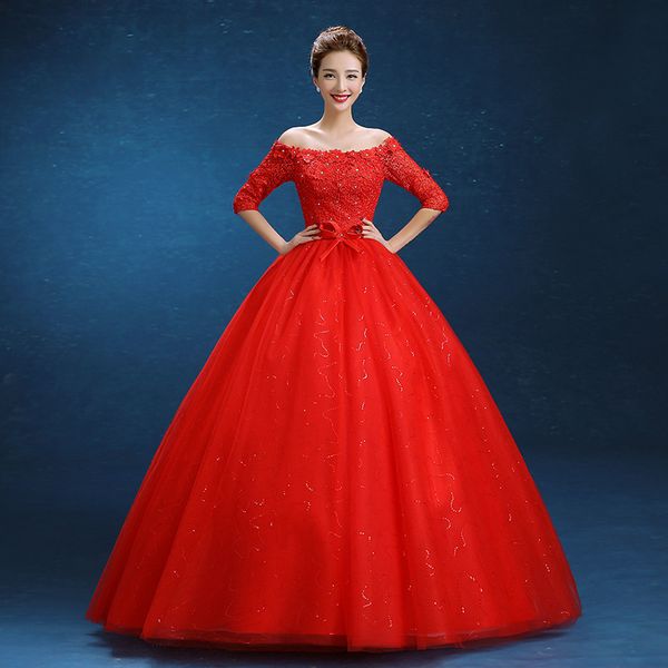 

2017 new red wedding dresses with half sleeves gorgeous boat neck romantic princess ball gown white/ivory elegant bridal gown