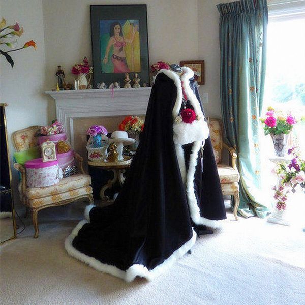 

new bridal cloak hooded with faux fur trim white floor length satin custom made winter long bridal wrap jackets