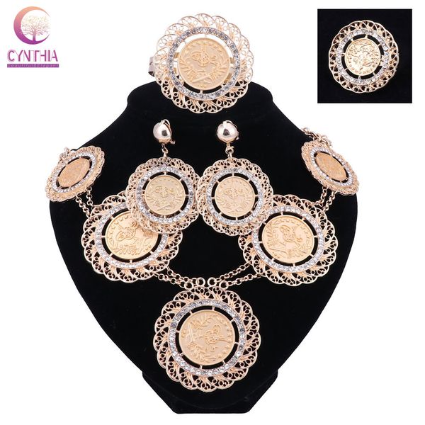 Fashion Italian Dubai Abaya Set di gioielli lunghi Monete d'oro Set di orecchini per collana di costume da sposa in cristallo placcato oro africano da donna