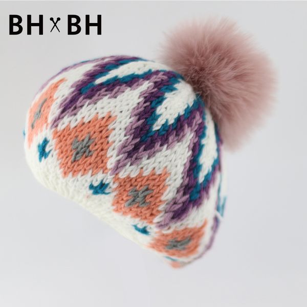 

wholesale-women's winter hats soft beanie casual style winter caps patchwork bonnet pom pom hat warm design bh-b2561, Blue;gray
