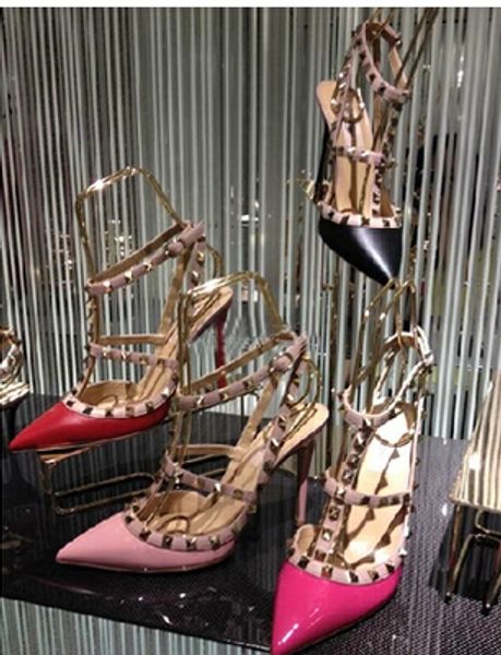 

Мода женщин заклепки насосы острым носом высокие каблуки лодыжки ремень женщин с