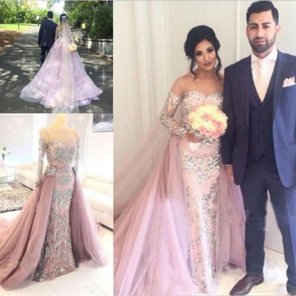 Tozlu Pembe Cystals Boncuklu Mermaid Gelinlik 2017 Tül Overskirt Kapalı Omuz Gelin Törenlerinde Sheer Boyun Uzun Kollu Düğün Vestidos