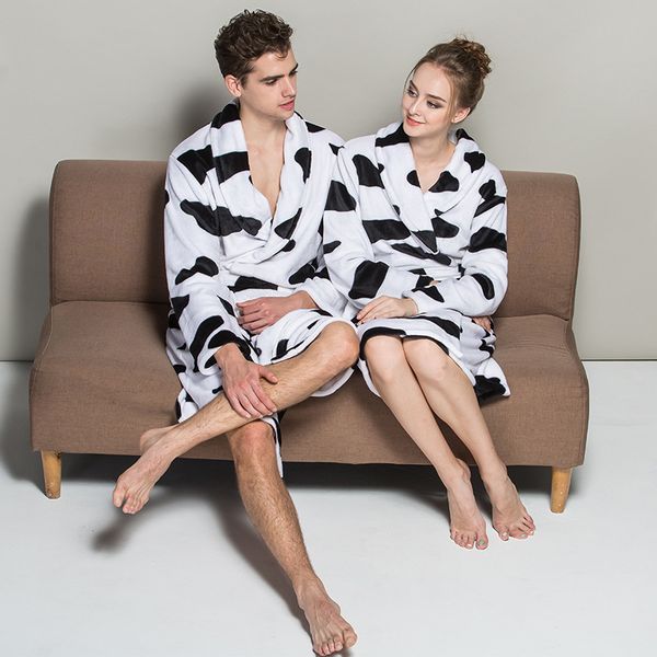 

wholesale- soft quality flannel nightgown plug size winter long sleeve sleepwear cow print white couple robe women men bathrobe, Black;red