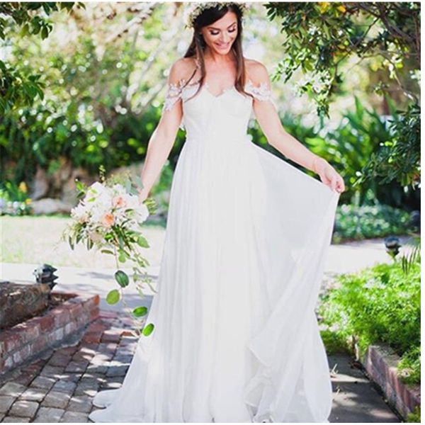 

летний пляж женщины новое платье свадебное платье шифон принцесса длинные свадебные платья современные простые кружева с открытой спиной ves, White