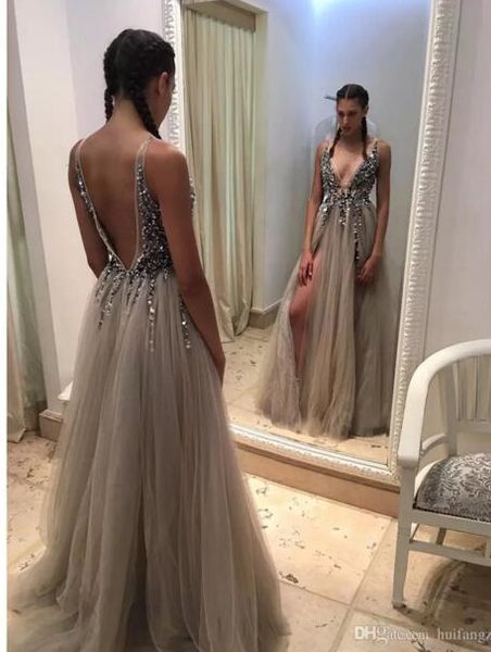 

2021 sexy бисер бедра сплит вечерние платья погружаясь neckline аппликациями backless пром платья длина пола тюль вечернее платье, Black