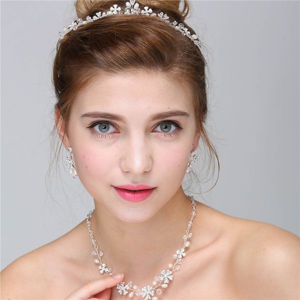

Fashion Silver Flower Pearl Bridal Jewelry Necklace Earrings Set Handmade Wedding Accessories Women Jewelry Sets with Tiara