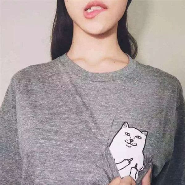 

wholesale- pocket cute cat printed t-shirt women casual women t shirt female brand clothing t shirt o-neck short sleeve nvtx09, White