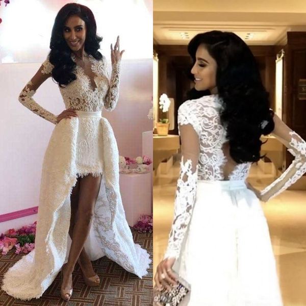 

2017 modest long detachable skirt train lace short wedding dresses beach v neck high low bridal gowns custom made en5111, White