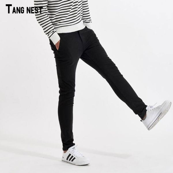 

wholesale- tangnest men pants straight 2017 new fashion men's mid waist solid casual pants slim fit straight full length trousers mkx12, Black