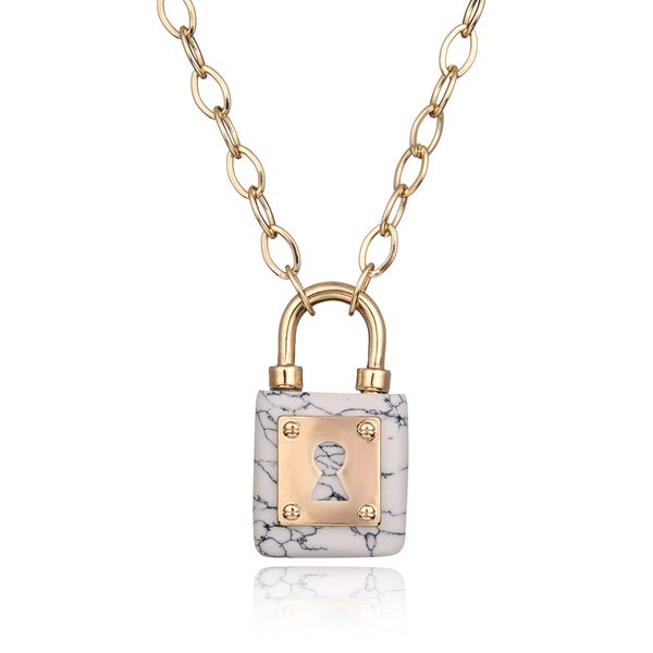 

simple white turquoises stone lock shape pendant necklace gold color chain necklaces women choker fashion jewelry 2017 new, Silver