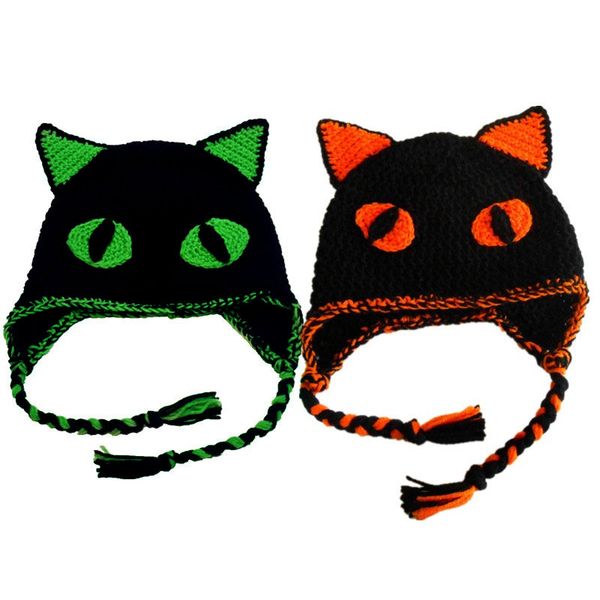 Acheter Chapeau De Chat Noir Super Cool Jumeaux Tricoté à La Main Au Crochet Bébé Garçon Fille Chapeau Effrayant Chat Chapeau Costume Dhalloween