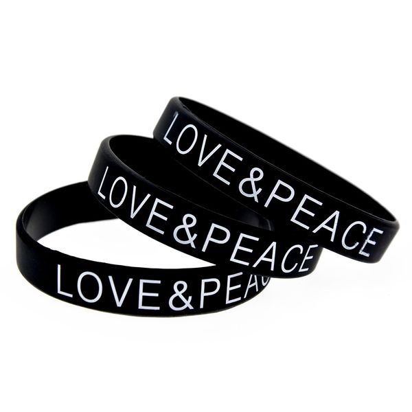 100 Stück Love and Peace Silikonkautschuk-Armband, bedrucktes Logo, schwarz, für Wohltätigkeitsstiftung, Aktivität, Werbegeschenk