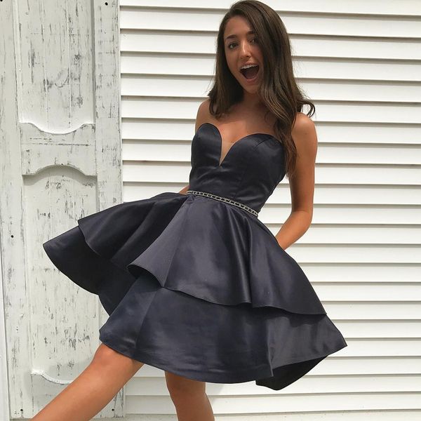 

sweetheart black satin tiered short homecoming dresses beading waist short prom dresses plus size party dresses, Blue;pink