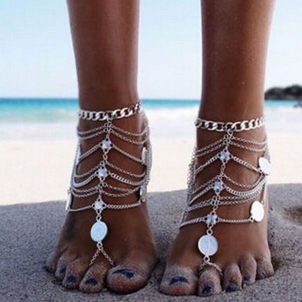 Günstige Vintage-Barfuß-Strandsandalen für Hochzeiten, Silber-Fußkettchen, Kette, Goldmünze, Quasten, Zehenring, Perlenstickerei, Braut, Brautjungfer, Fußschmuck