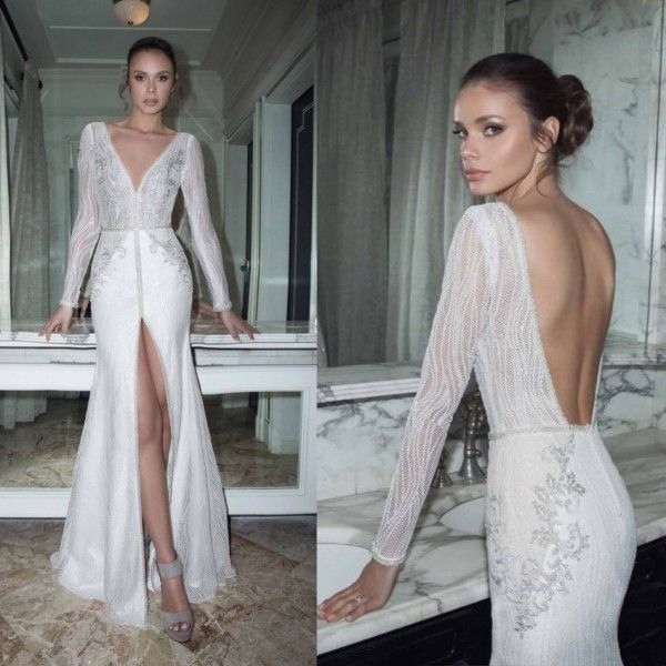 

винтаж 2017 backless бисером русалка свадебные платья глубокий v шеи с длинным рукавом фронт сплит кружева аппликация труба свадебные платья, White