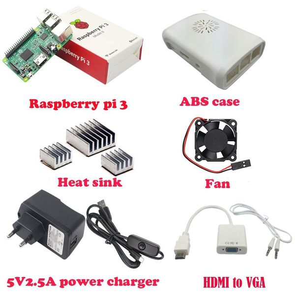 Freeshipping Raspberry Pi 3 Modelo B com Wi-Fi e Bluetooth + ABS caso + fã de refrigeração + 3 pcs dissipador de calor + fonte de alimentação + H-DM-I para VGA com cabo de áudio