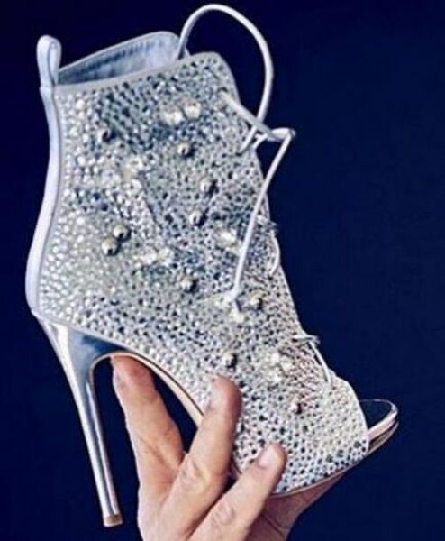 

peep toe stiletto thin high heels cut-outs sandal boots crystal rhinestone lace up short ankle booties gladiator size 35-42, Black