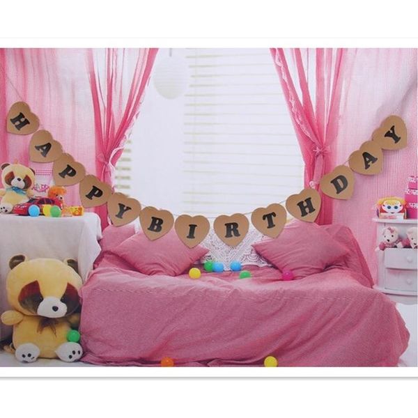 

wholesale- vintage happy birthday design kraft paper heart shape bunting wedding party pgraph props banner decoration hanging garlands