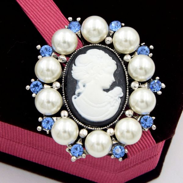 

Faux pearl and blue cry tal vintage tyli h women cameo brooch beauty lady queen head cameo women co tume broach pin