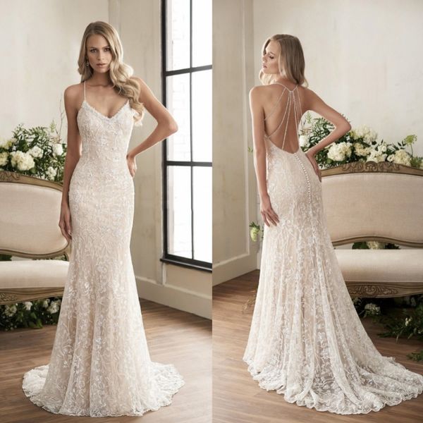 Jasmine 2019 Kristall Meerjungfrau Brautkleider Vestido De Novia Sexy Spaghetti-Ausschnitt rückenfreie Brautkleider Volle Spitze Trompete Hochzeitskleid