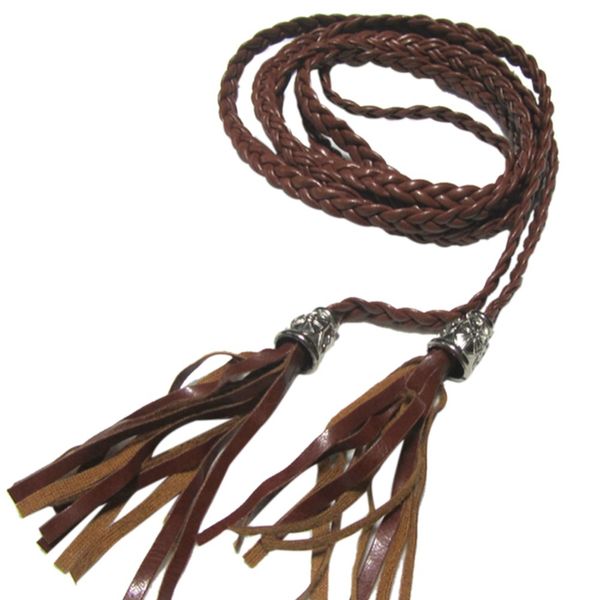

wholesale- women thin long pu leather woven belt tassel clothing waist strap braided belt, Black;brown