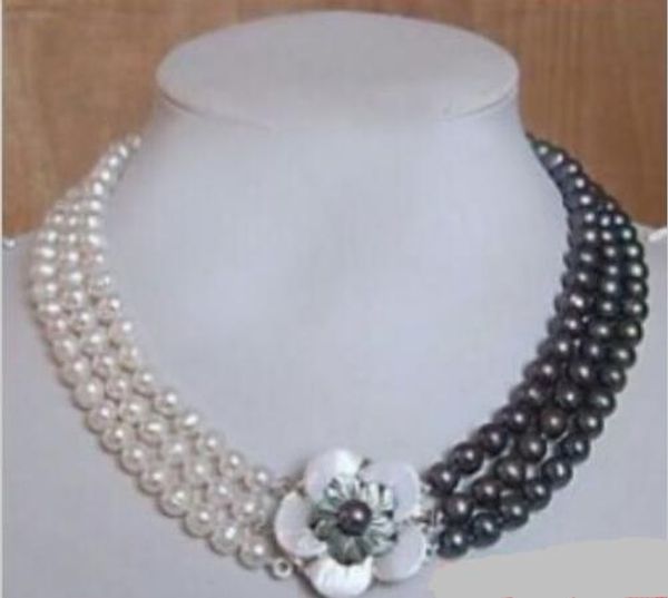 3rows 7-8mm whiteblack água doce Akoya Pearl Necklace 17-19