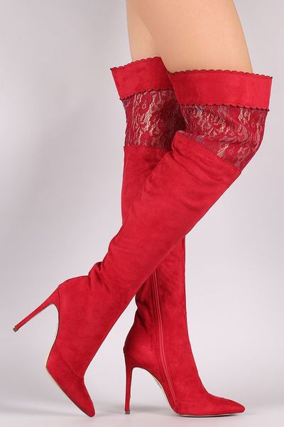 2017 Donna sopra il ginocchio stivaletti peep toe scarpe da festa tacco sottile stringate stivali pizzo rosso coscia alta stivaletti lunghi 10 cm tacco scarpe da sposa