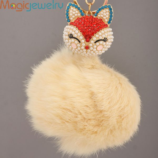 

new arrival rhinestone fox head fur fluff keychains fashion animal metal key chain ring for women gift purse bag charms pendant, Silver