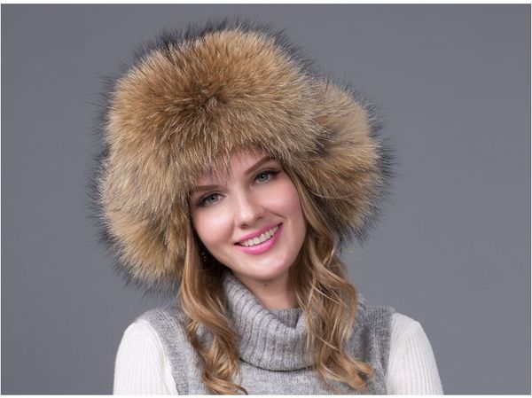 

warm winter women's fox raccoon fur hat bomber hats cap snow cap fur millinery thick fur bomber hats protector cap, Blue;gray
