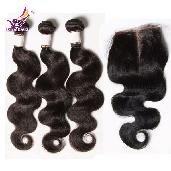 Livre meio 4 * 4 top onda do corpo de fechamento do laço com trama do cabelo Humano Virgem malaio de seda reta 4 pcs muito remy suave tecer onda vody