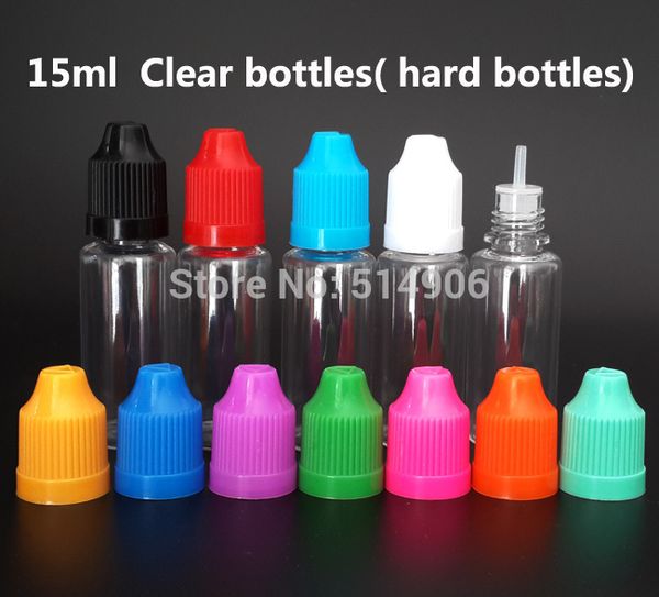 Großhandel - 100pcs / lot, 15ml Haustier Klarer Kunststoff-Speicher-Flaschen mit kindersicherer Kappe und langer dünner Spitze, leere E-Saft-Flaschen