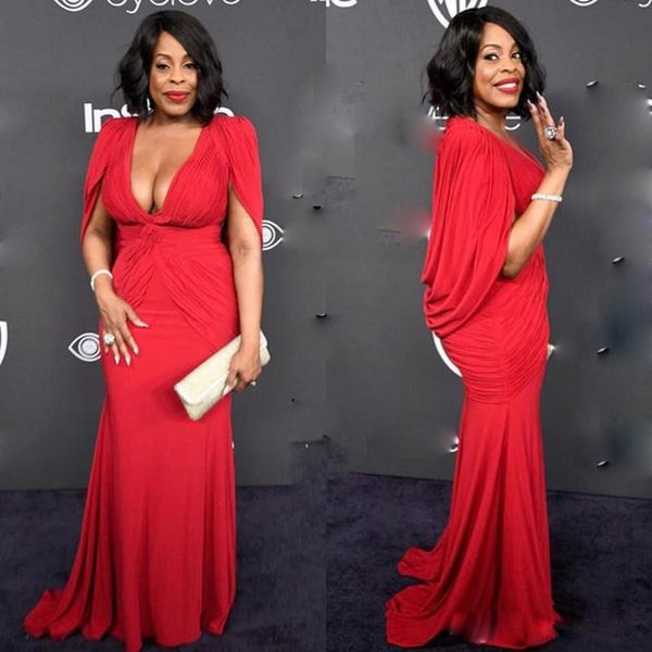 

red carpet dresses evening wear deep v neck pleats chiffon long mermaid prom dress with cape/jacket custom made plus size cocktail gowns, Black;red