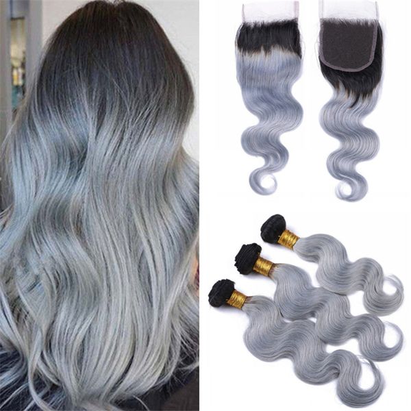 2019 Virgin Peruvian 1b Grey Ombre Hair Bundles With Lace Closure