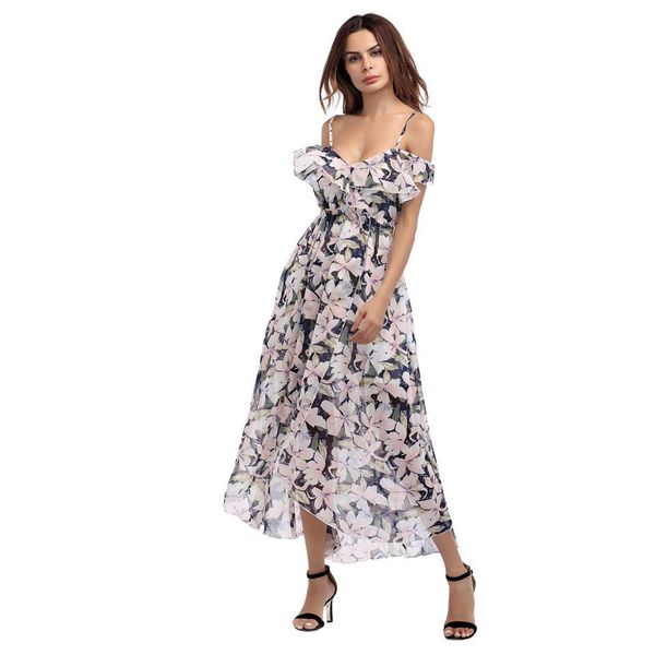 

off shoulder floral print long maxi dress summer 2020 ruffles bohemian women casual beach party dresses asymmetrical, Black;gray