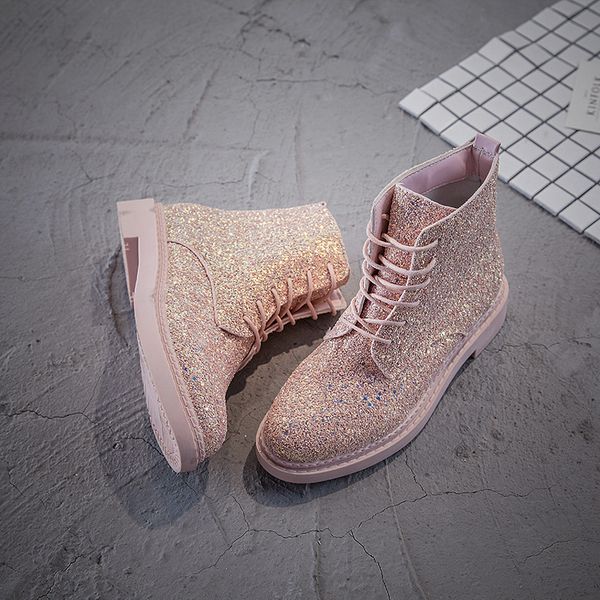 

women ankle boots heels female shoes woman autumn glitter lace up boots casual bling low cylinder martin boots korean, Black