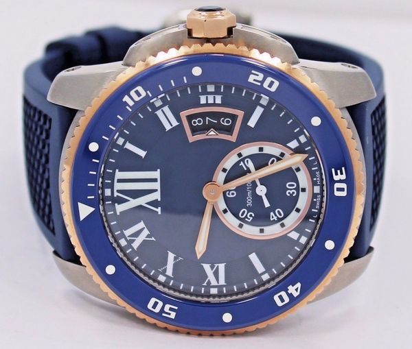 

diver w2ca0009 blue dial and rubber band 42mm automatic men's sport wrist watches 18k rose gold mens watch, Slivery;brown