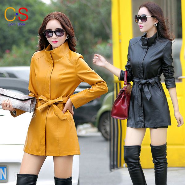 

wholesale- long style fashion women leather windbreaker slim fit leather jacket adjustable waist coat for female xy528, Black;brown