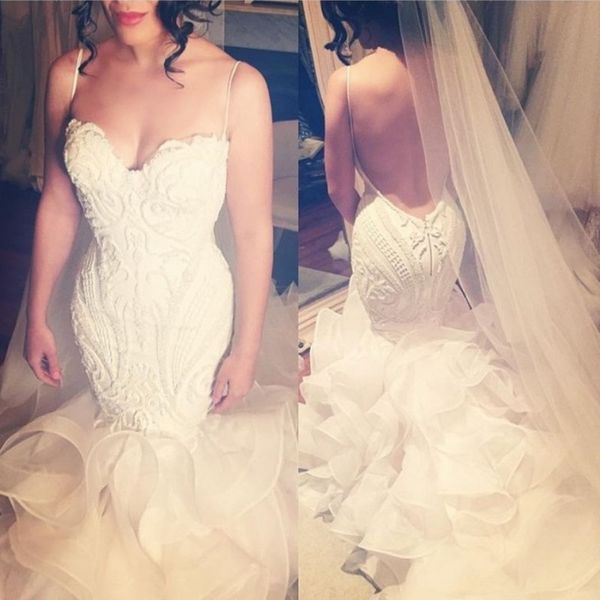 

fabulous tiered cascading ruffles wedding gowns spaghetti appliques zipper open backless beach wedding dress stylish mermaid wedding dresses, White