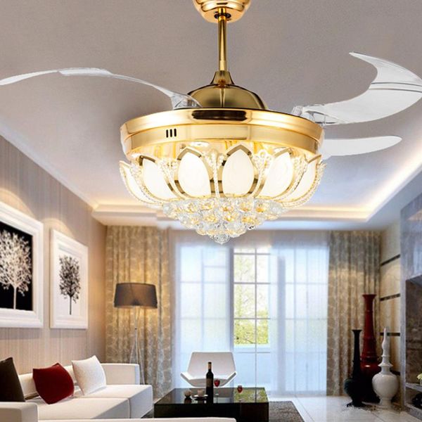 2019 Modern Crystal Ceiling Fan 42 Inch Invisible Blades Led Folding Ceiling Fans Light Chandeliers Living Room Dining Room Lamp Remote Control From