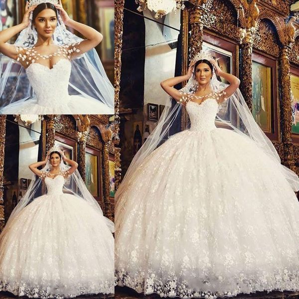 

2017 NEW Lace Ball Gown Princess Wedding Dresses Scoop Sheer Neck Floor Length Appliques Plus Size Garden Bridal Gowns