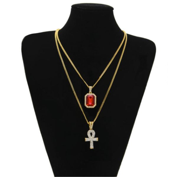 

2017 New Hip Hop Egyptian Iced Out Key of Life Ankh Cross Pendant Necklace with Ruby Pendant Necklace Set Mens Jewelry gifts