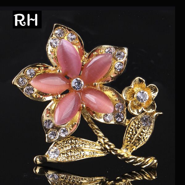

wholesale- noblest opal flower brooches for women and men wedding jewelry broches mujer gold plated double flower brooch pins bridal pins, Gray